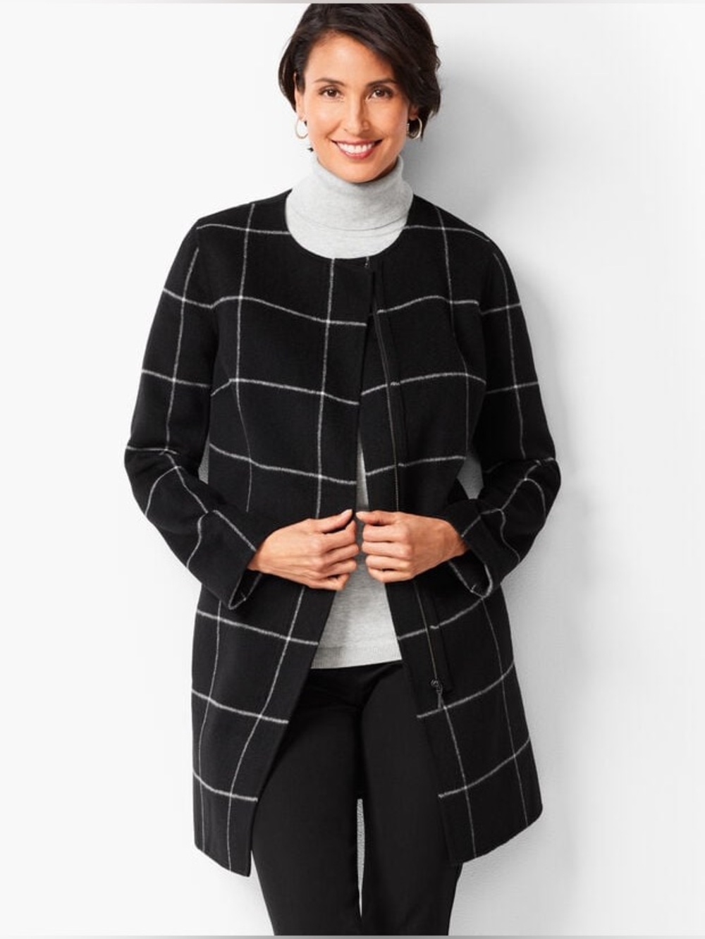 Talbots Black Windowpane Check Wool Coat Size XLP